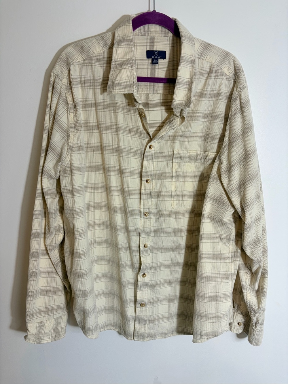 George Cream Plaid Long-Sleeve Button-Up Men's 2xl corduroy feel 100% cotton